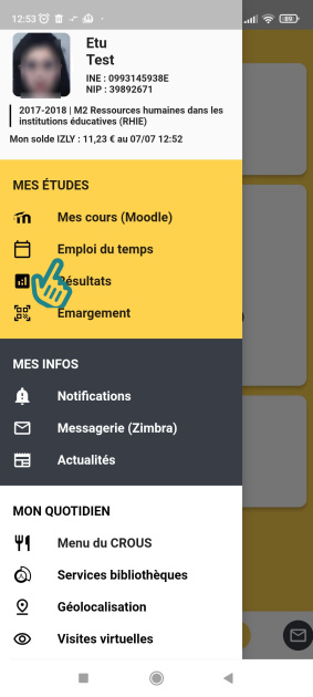 menu contextuel de l'application étudiante, sélection de l'emploi du temps