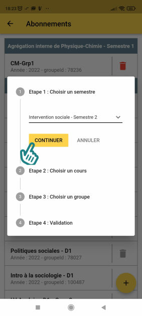 écran Abonnement à un cours, choix du semestre et validation