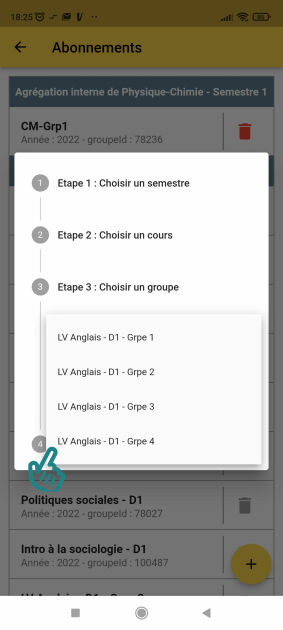 Abonnement à un cours, choisir un cours et le groupe de TD