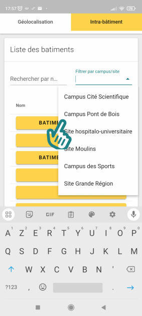 Sélection du campus (le pointeur est sur « Campus Pont de Bois » dans la liste).