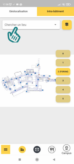 L’écran affiche un plan du bâtiment A. Le niveau sélectionné s’affiche sous forme de bouton (« 2 (FORUM) »). Au-dessus, un champ « Chercher un lieu » s’affiche