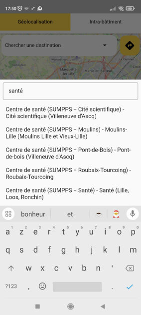 Visualisation de ce qui s’affiche quand on tape « santé » dans le lieu de destination : une liste déroulante s’affiche, qui commence par les centres de santé des différents campus.