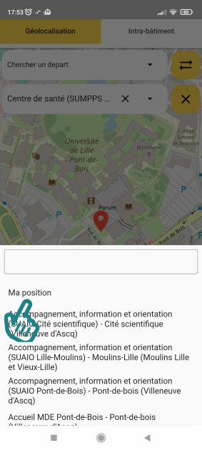 Écran qui montre la possibilité de sélectionner « Ma position » dans la liste des lieux de départ.